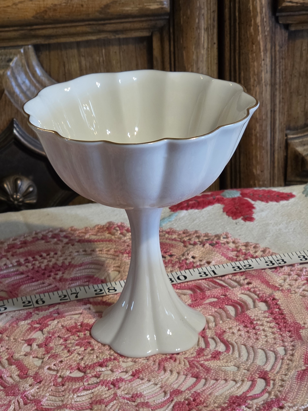 Lenox Cream Scalloped Pedestal Trinket Dish with Gold Logo
